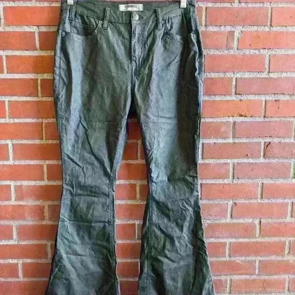 Unique black shiny rock&roll denim flare leg pants waist 32" length 32"